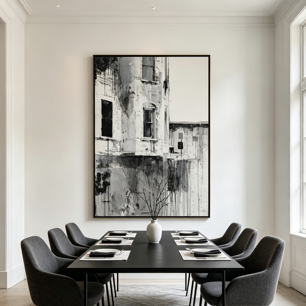 FADING FACADE: Textured Monochrome Building Black Grey Drips Canvas