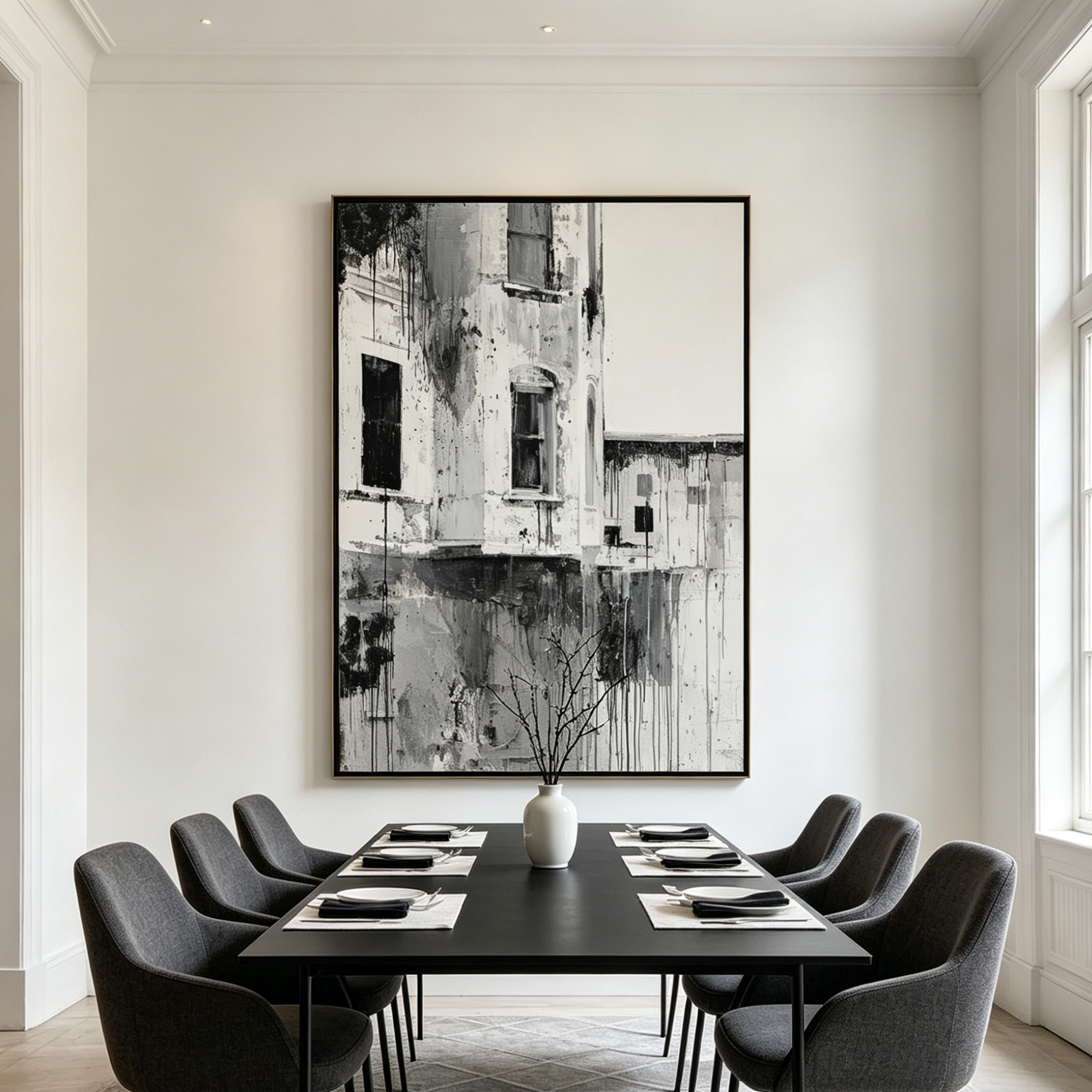 FADING FACADE: Textured Monochrome Building Black Grey Drips Canvas
