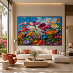 FIELD OF DREAMS: Colorful Wildflower Meadow Thick Impasto Canvas