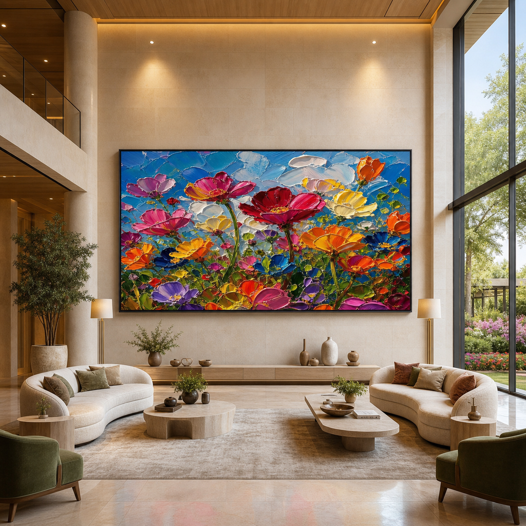 FIELD OF DREAMS: Colorful Wildflower Meadow Thick Impasto Canvas