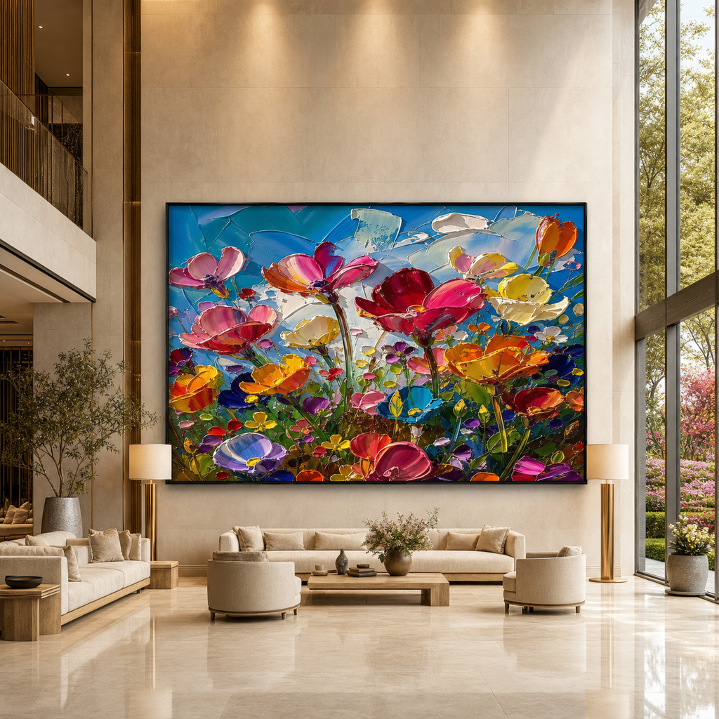 FIELD OF DREAMS: Colorful Wildflower Meadow Thick Impasto Canvas