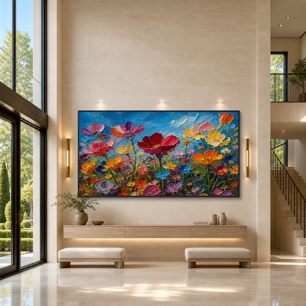 FIELD OF DREAMS: Colorful Wildflower Meadow Thick Impasto Canvas