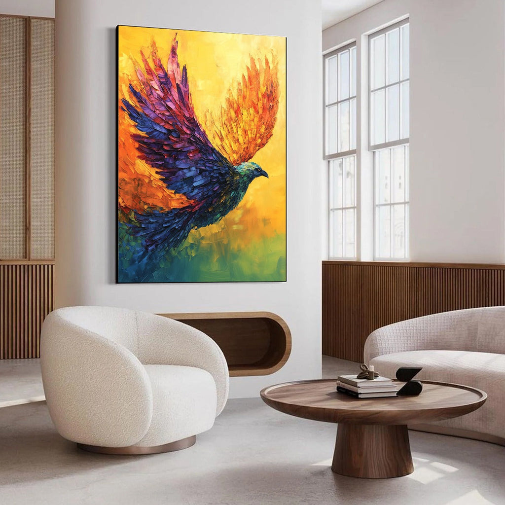 FLIGHT OF FANCY: Colorful Bird in Flight Painting with Textured Impasto