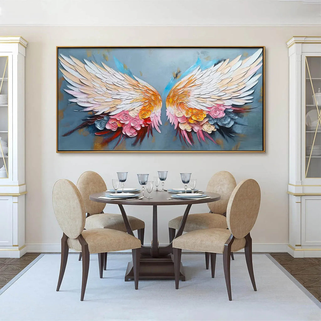 FLORAL FLIGHT: Textured Wings With Vibrant Flowers On Soft Grey Canvas