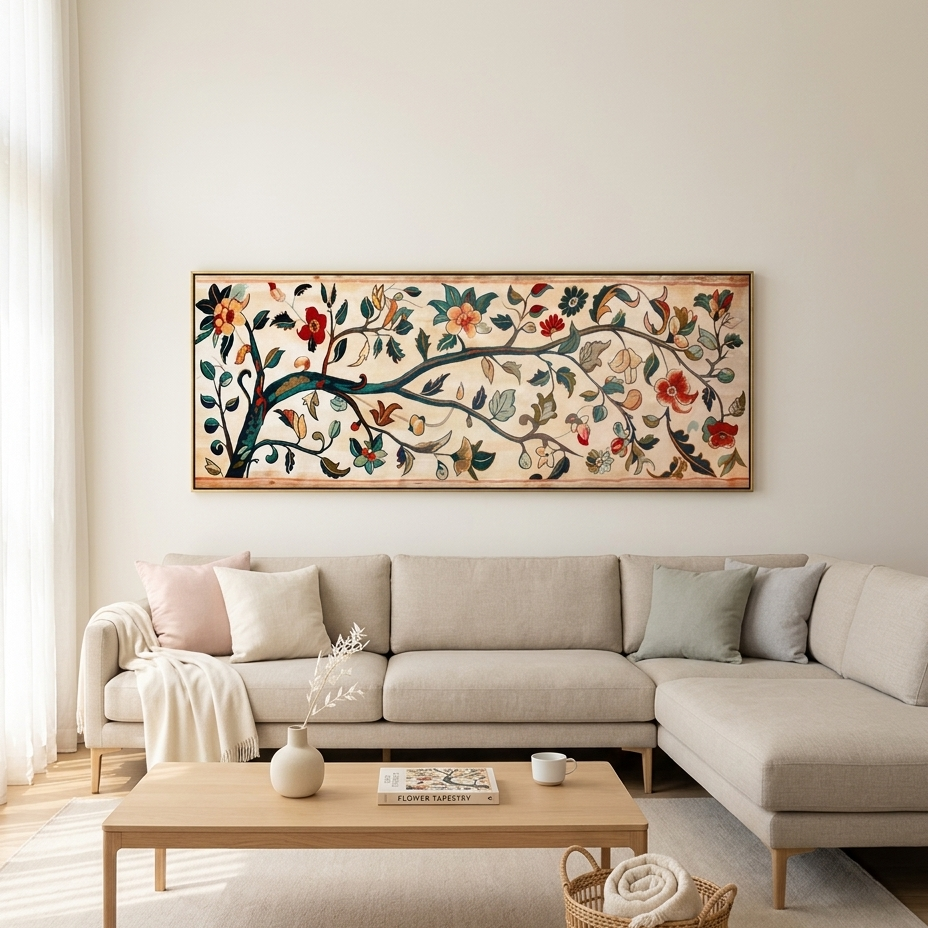 FLOWERING BRANCH TAPESTRY PANORAMIC: Soft Floral Branch Vintage Canvas