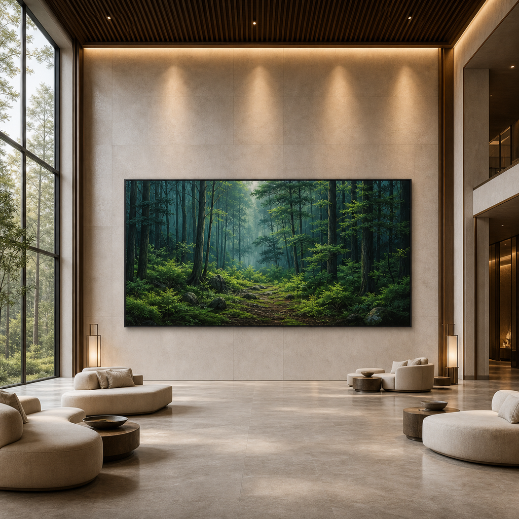 FOREST PATH: Sunlit Green Mossy Trail Panoramic Wabi Sabi Canvas