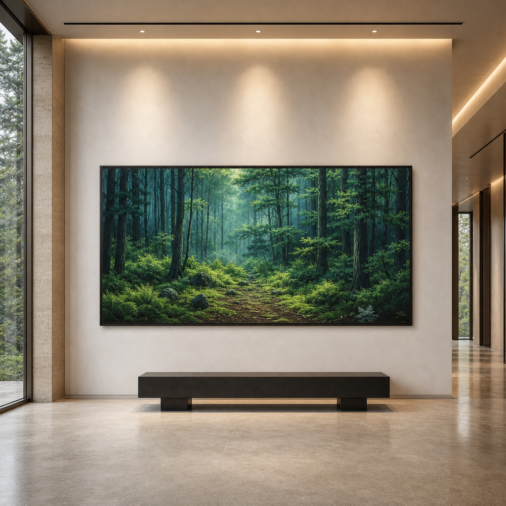 FOREST PATH: Sunlit Green Mossy Trail Panoramic Wabi Sabi Canvas