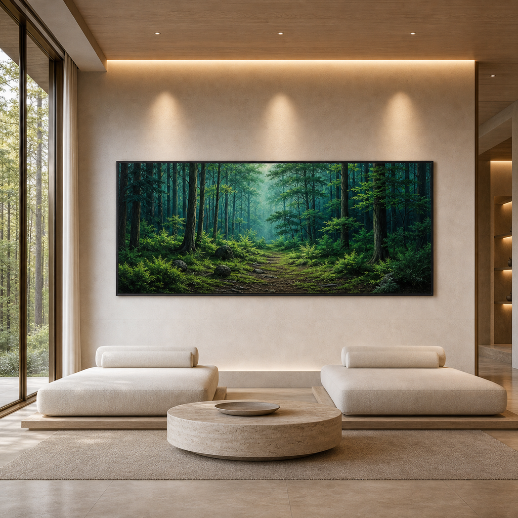 FOREST PATH: Sunlit Green Mossy Trail Panoramic Wabi Sabi Canvas