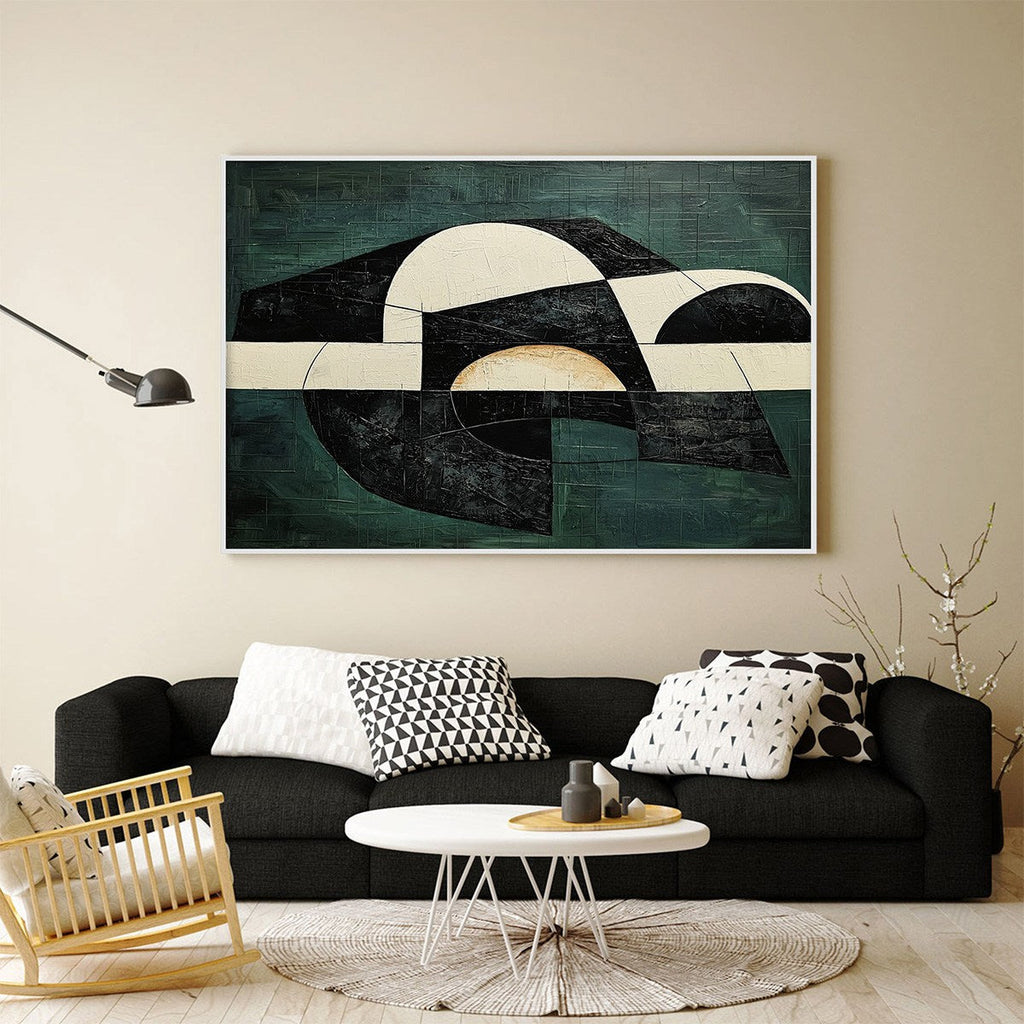Fragmented Forms: Original Textured Abstract Oil Painting - Green Black White Geometric Vertical Wall Art
