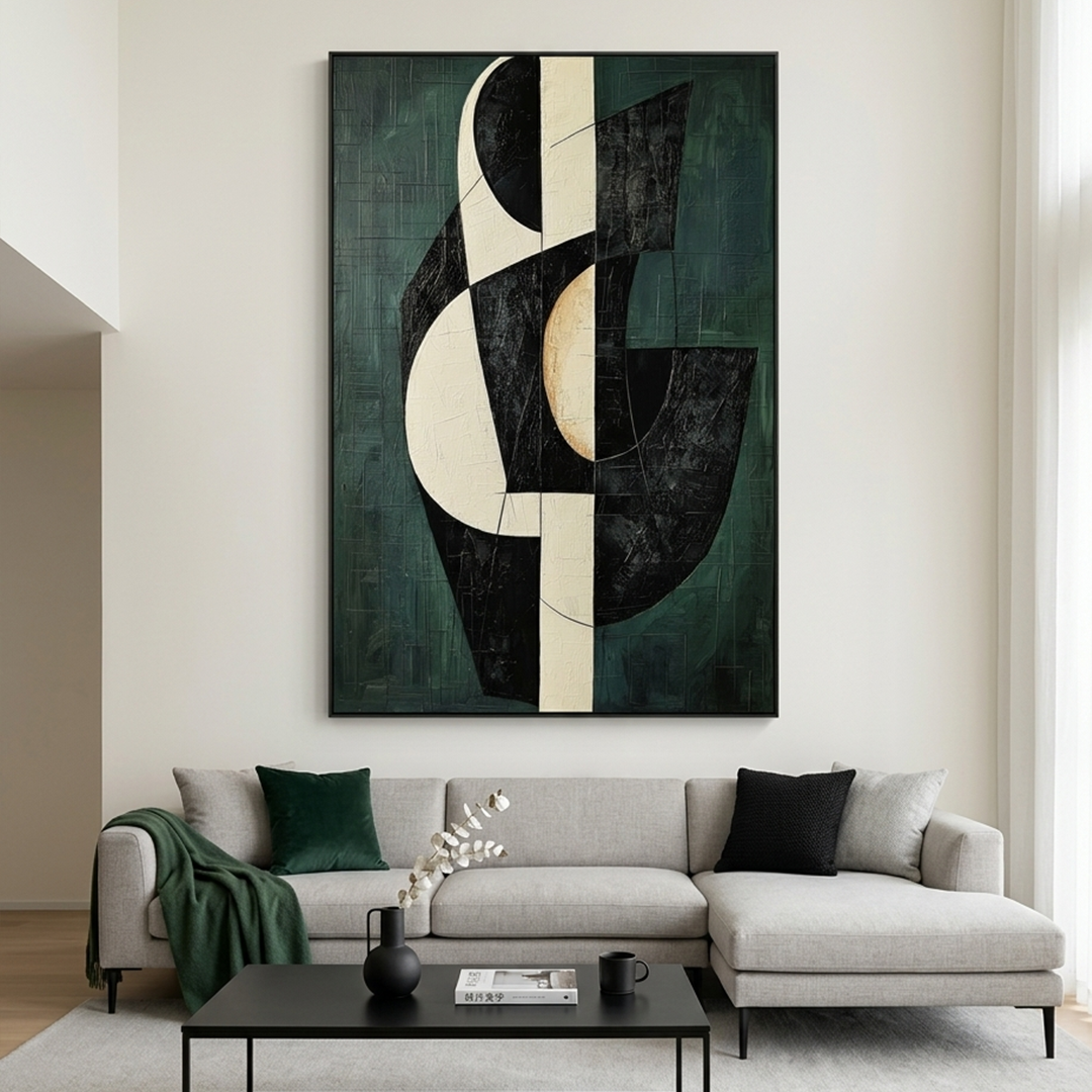 FRAGMENTED FORMS: Black White Gold Shapes Textured Green Background Canvas
