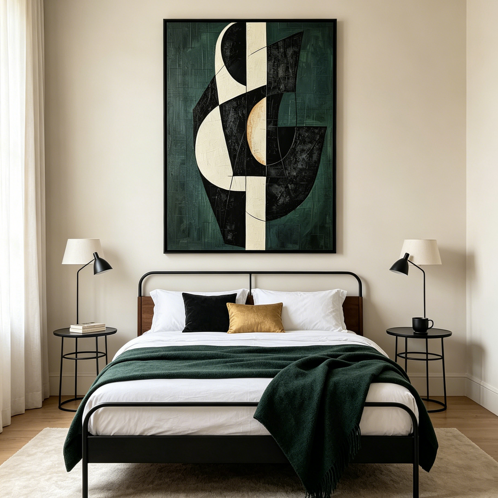 FRAGMENTED FORMS: Black White Gold Shapes Textured Green Background Canvas