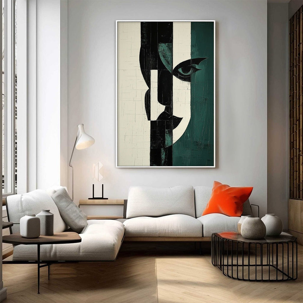 FRAGMENTED GAZE: Abstract Face Black White Deep Green Textured Blocks Canvas