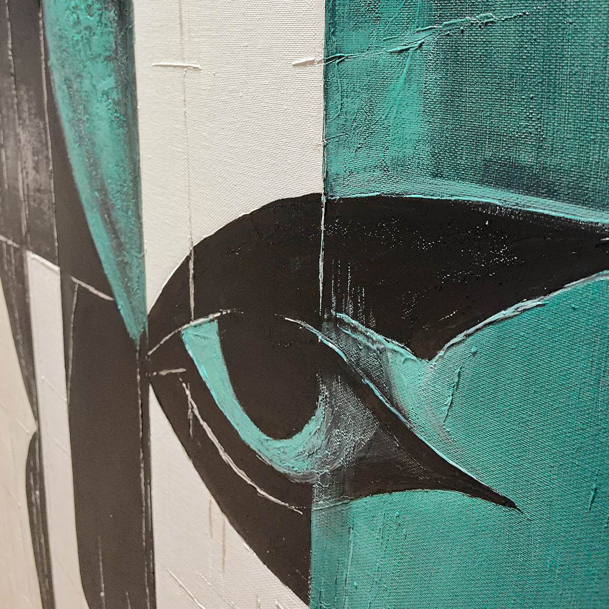  Fragmented Gaze: Original Textured Abstract Portrait Oil Painting - Vertical Black White Green Face Wall Art