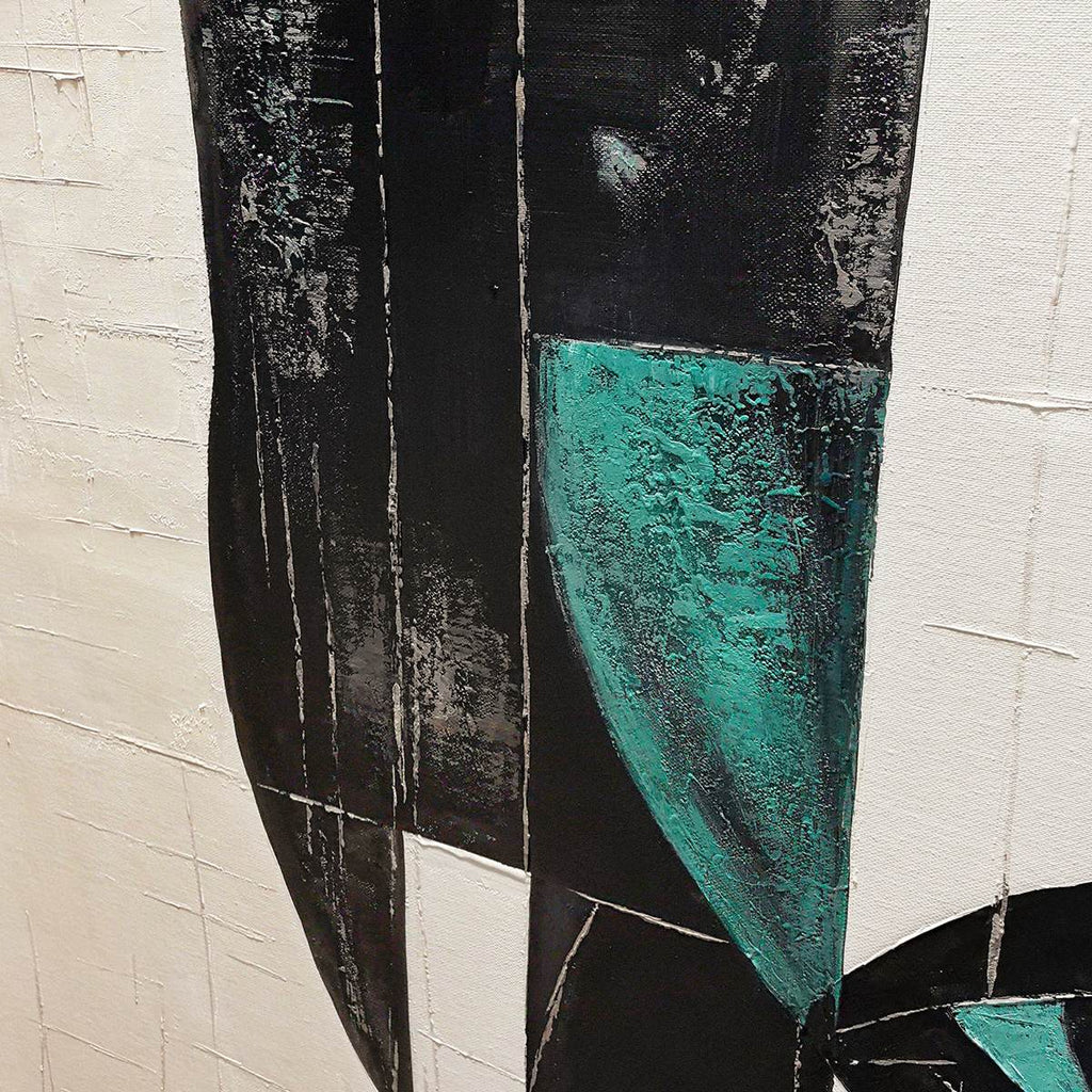  Fragmented Gaze: Original Textured Abstract Portrait Oil Painting - Vertical Black White Green Face Wall Art