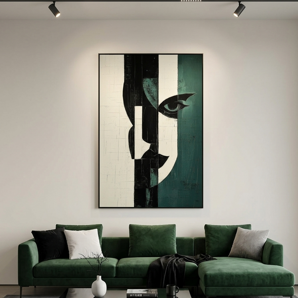 FRAGMENTED GAZE: Abstract Face Black White Deep Green Textured Blocks Canvas