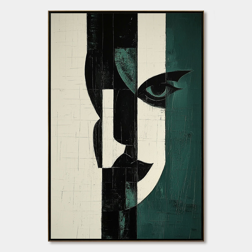  Fragmented Gaze: Original Textured Abstract Portrait Oil Painting - Vertical Black White Green Face Wall Art
