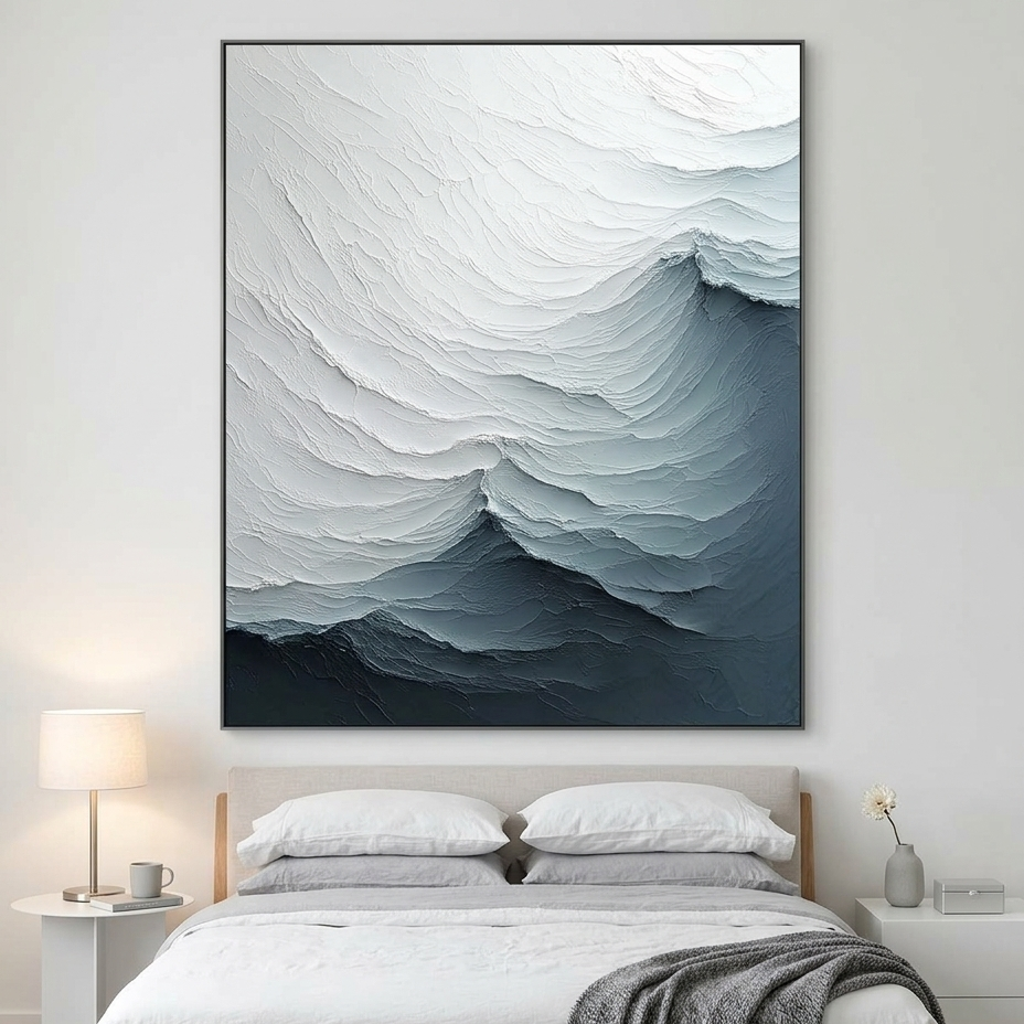 FROZEN TIDE: Textured White Grey Undulating Layers Canvas