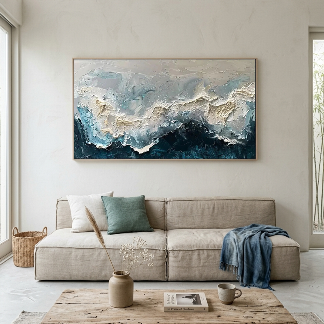 FROZEN MOTION: Wabi Sabi Teal White Textured Water Layers Canvas