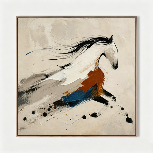 GALLOPING SPIRIT: Black Caramel Blue Abstract Horse  Minimalist Canvas