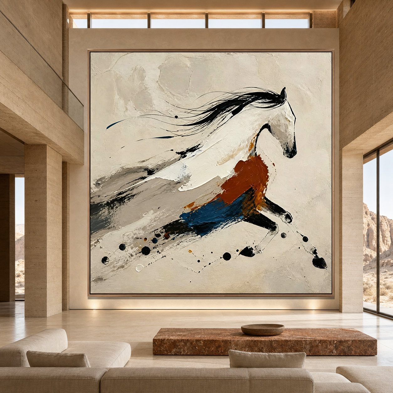 GALLOPING SPIRIT: Black Caramel Blue Abstract Horse  Minimalist Canvas