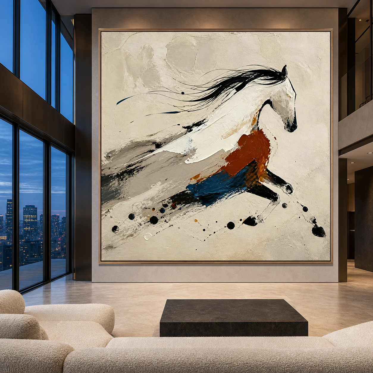 GALLOPING SPIRIT: Black Caramel Blue Abstract Horse  Minimalist Canvas