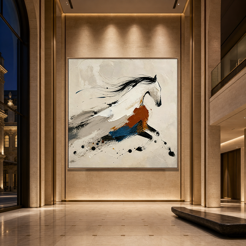 GALLOPING SPIRIT: Black Caramel Blue Abstract Horse  Minimalist Canvas
