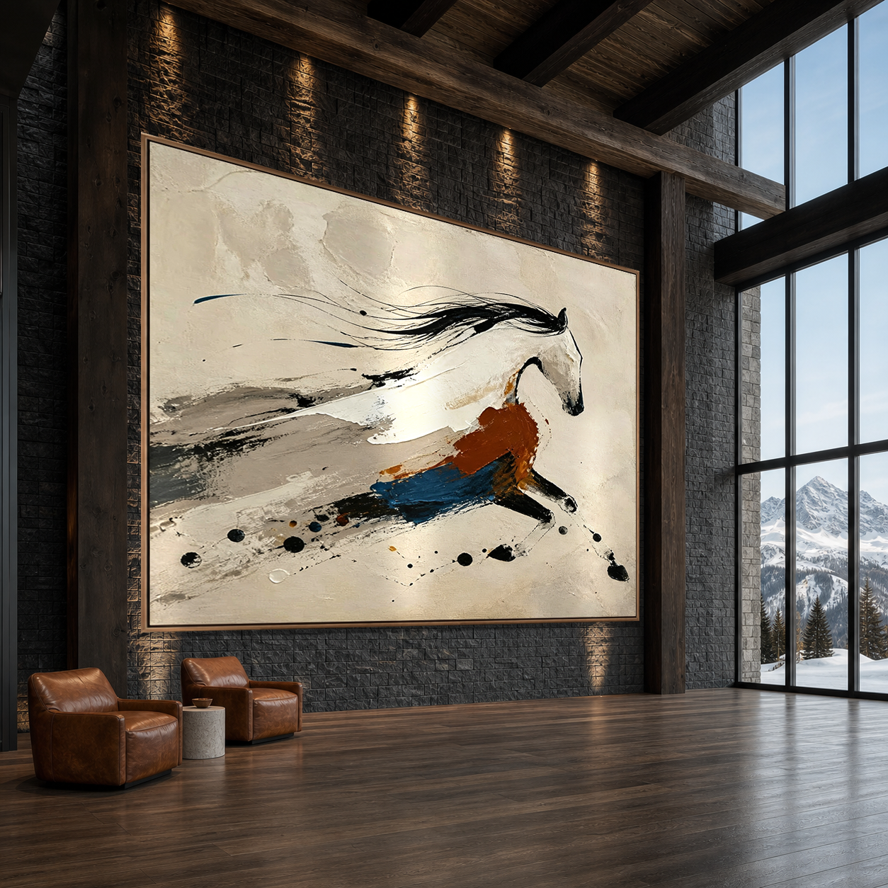GALLOPING SPIRIT: Black Caramel Blue Abstract Horse  Minimalist Canvas