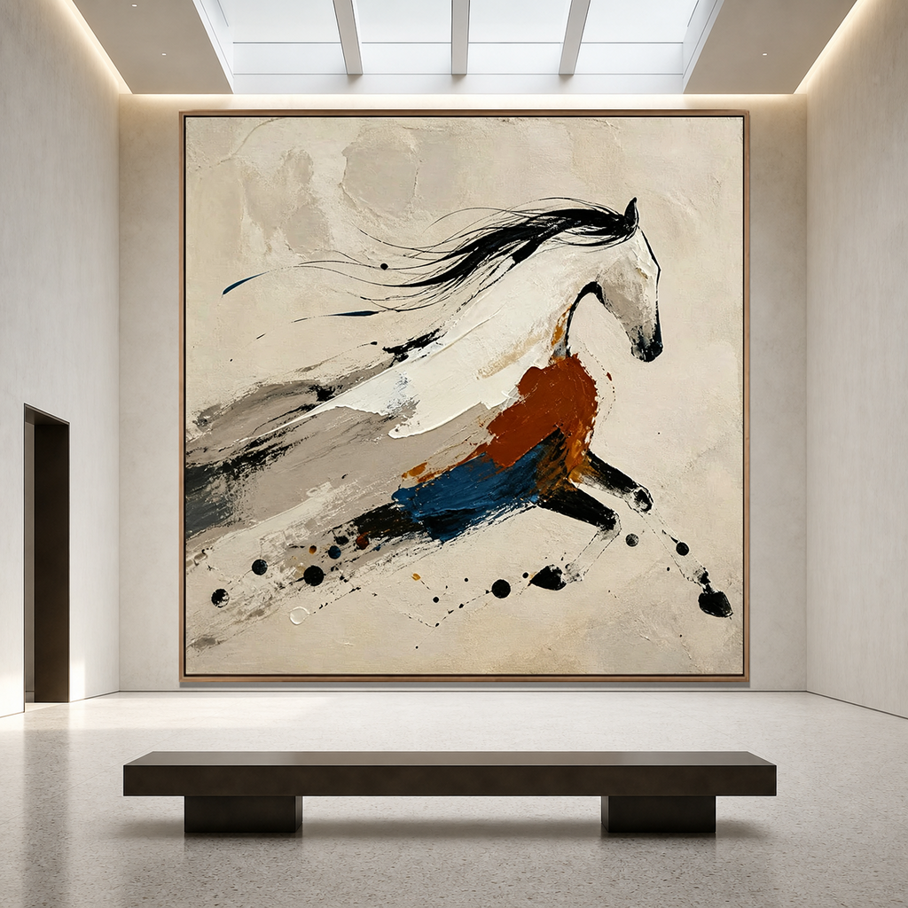 GALLOPING SPIRIT: Black Caramel Blue Abstract Horse  Minimalist Canvas