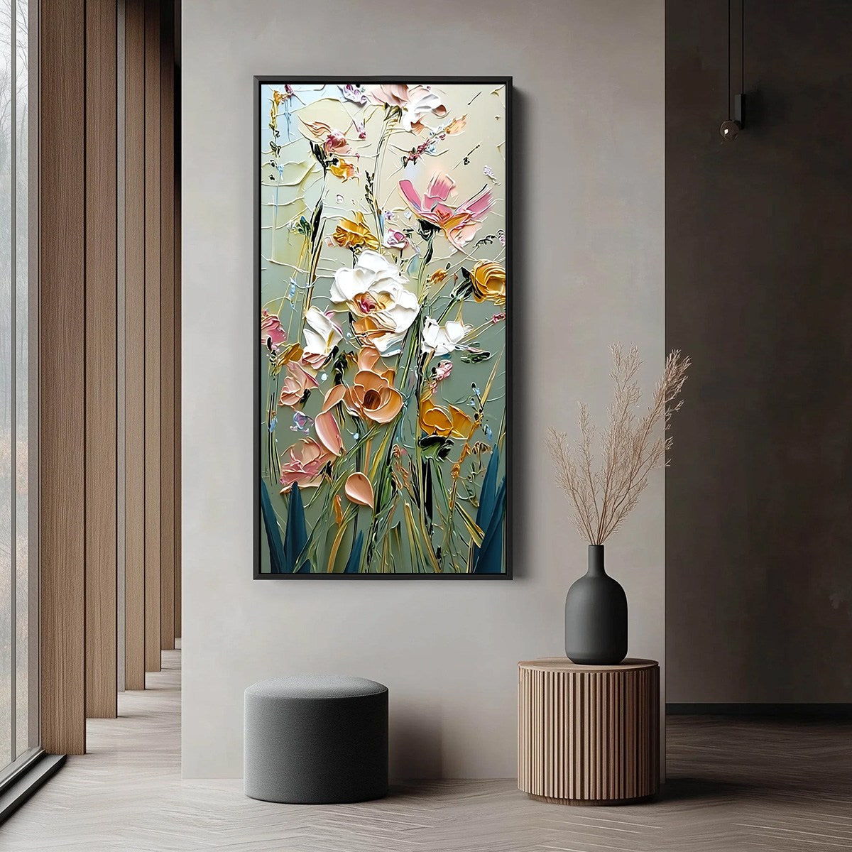 GARDEN WHISPERS: Vertical Palette Knife Floral Impasto Wall Art