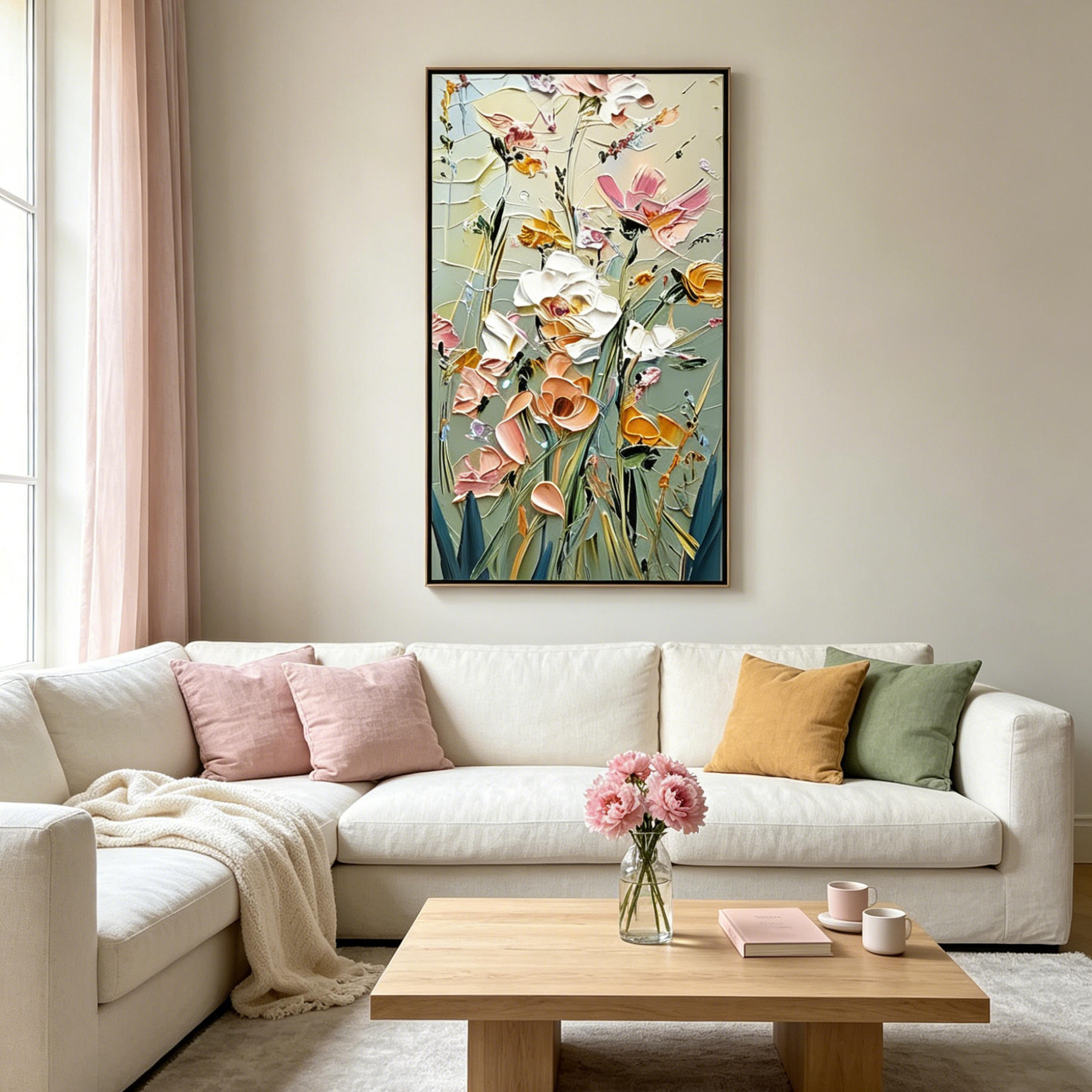 GARDEN WHISPERS: 3D Impasto Blush Pink Yellow White Blooming Canvas