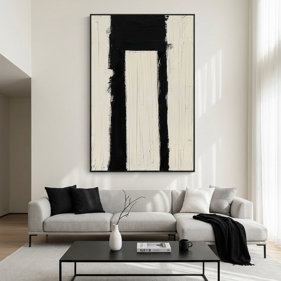 GATEWAY: Bold Black Form Heavily Textured White Square Minimalist Canvas