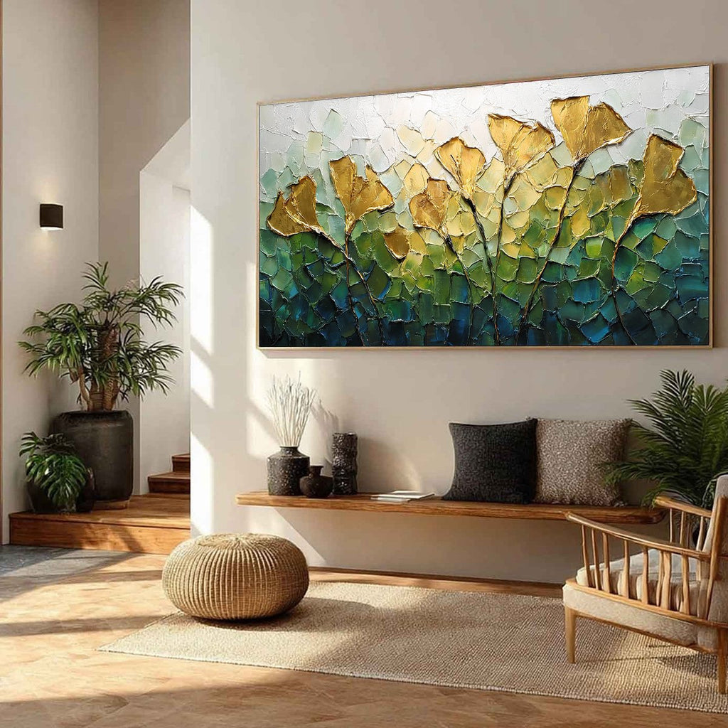 GILDED GINKGO: Textured Golden Floral Impasto Oil Painting
