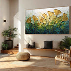GILDED GINKGO: Textured Golden Floral Impasto Oil Painting