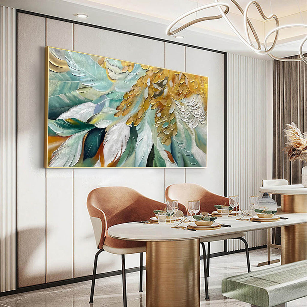 GILDED GARDEN: Green White Gold Floral Impasto Oil Painting