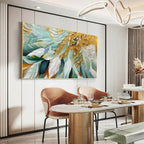 GILDED GARDEN: Green White Gold Floral Impasto Oil Painting
