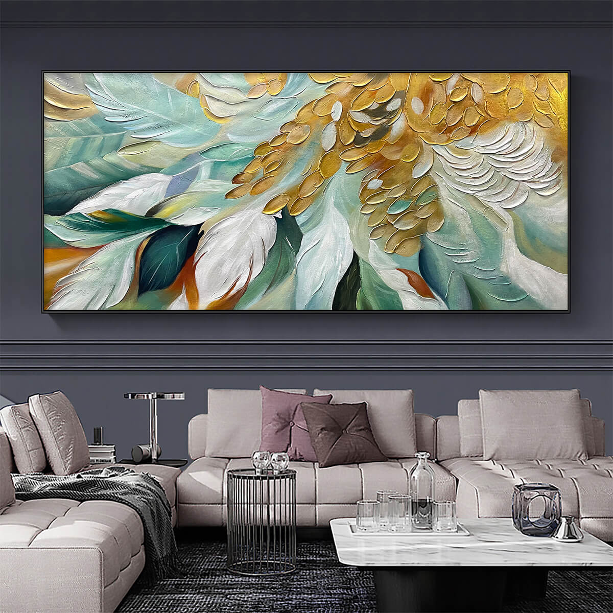GILDED GARDEN: Green White Gold Floral Impasto Oil Painting