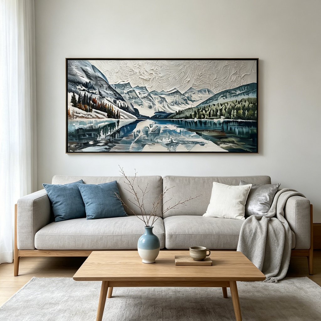 GLACIAL SERENITY: Impasto Snow Capped Mountains Alpine Lake Canvas