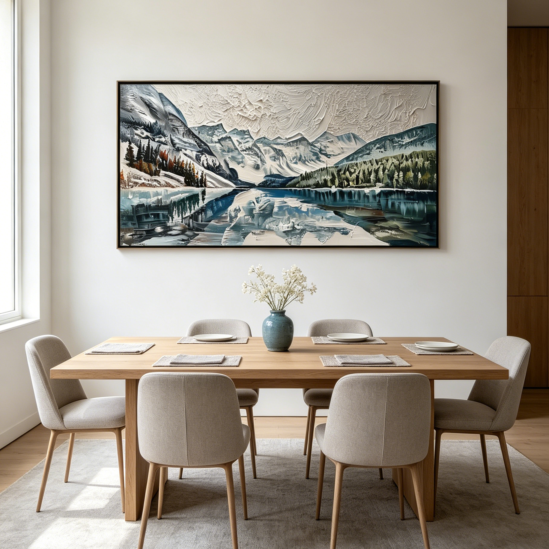 GLACIAL SERENITY: Impasto Snow Capped Mountains Alpine Lake Canvas