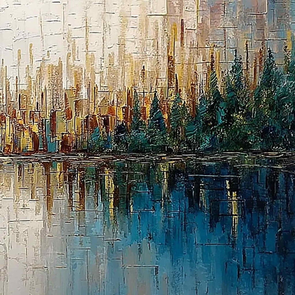 GOLDEN HORIZON: Textured Abstract Cityscape Reflection Oil Painting