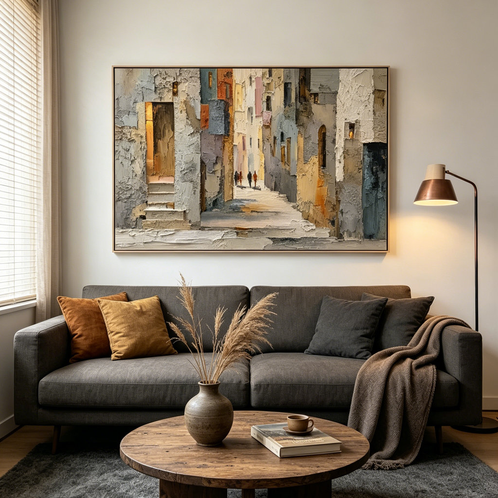 GOLDEN PASSAGE: Textured Impasto Sunlit European Alleyway Canvas
