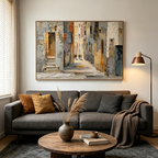 GOLDEN PASSAGE: Textured Impasto Sunlit European Alleyway Canvas