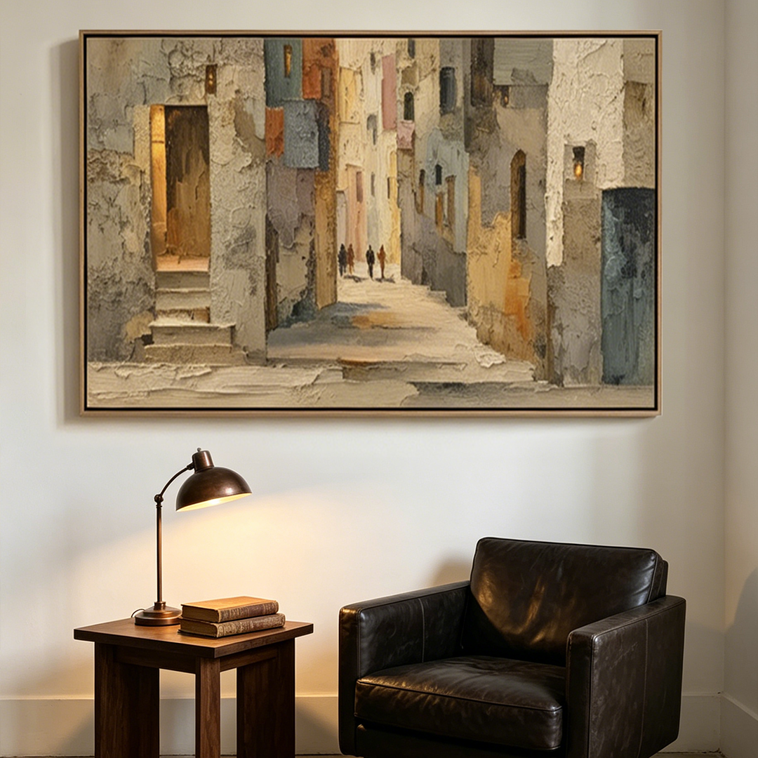 GOLDEN PASSAGE: Textured Impasto Sunlit European Alleyway Canvas