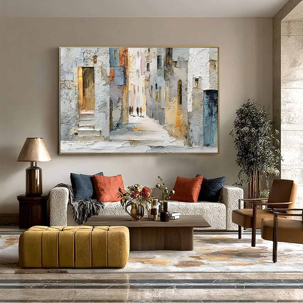 GOLDEN PASSAGE: Textured Impasto Painting of a Sunlit European Alleyway