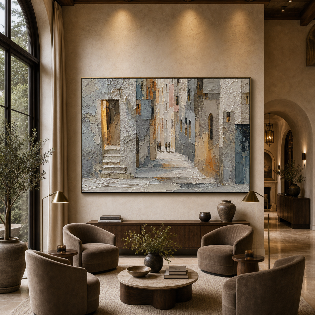 GOLDEN PASSAGE: Textured Impasto Sunlit European Alleyway Canvas