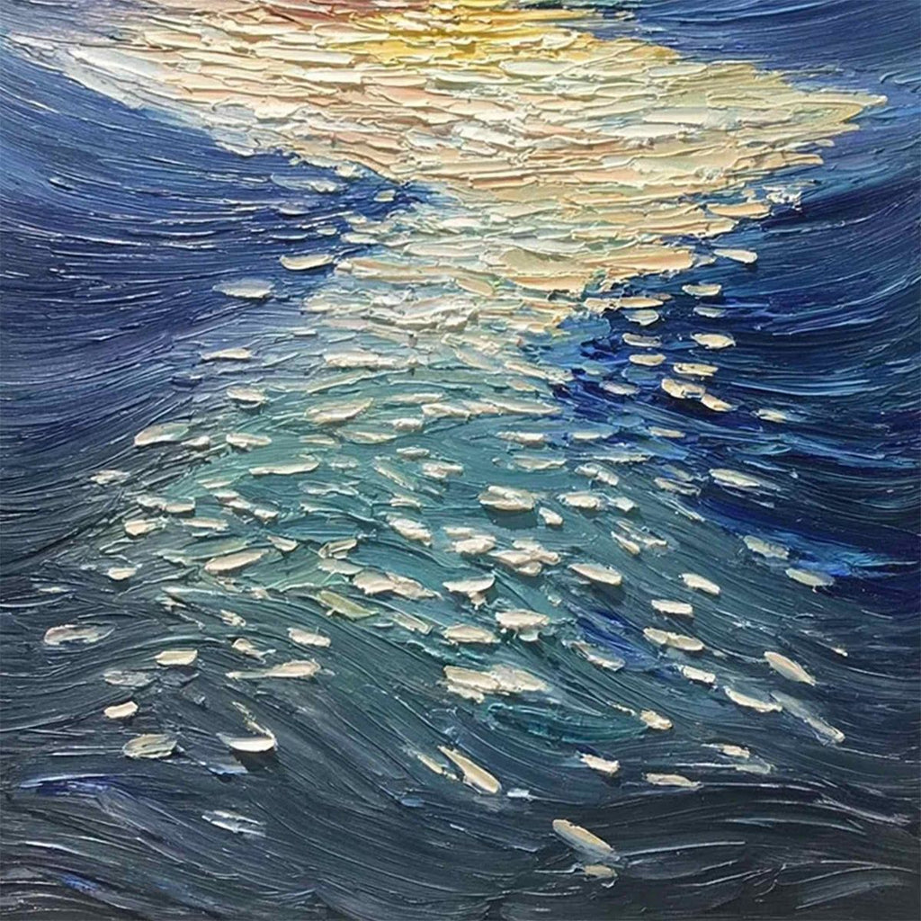 **GOLDEN REFLECTION:** Textured Impasto Seascape Oil Painting of Ocean Sunset