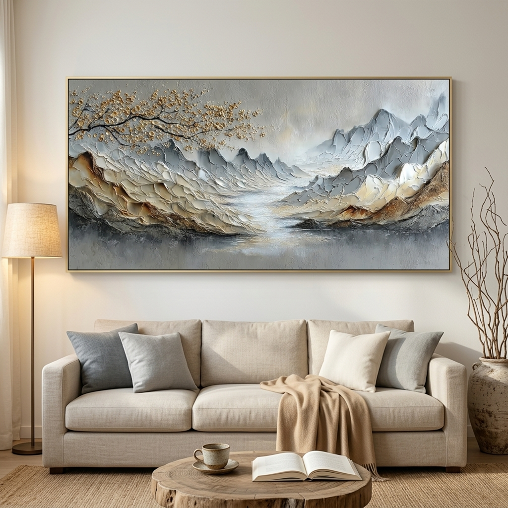 GOLDEN SERENITY: Impasto Sculpted Mountain Misty River And Gold Blossom Canvas