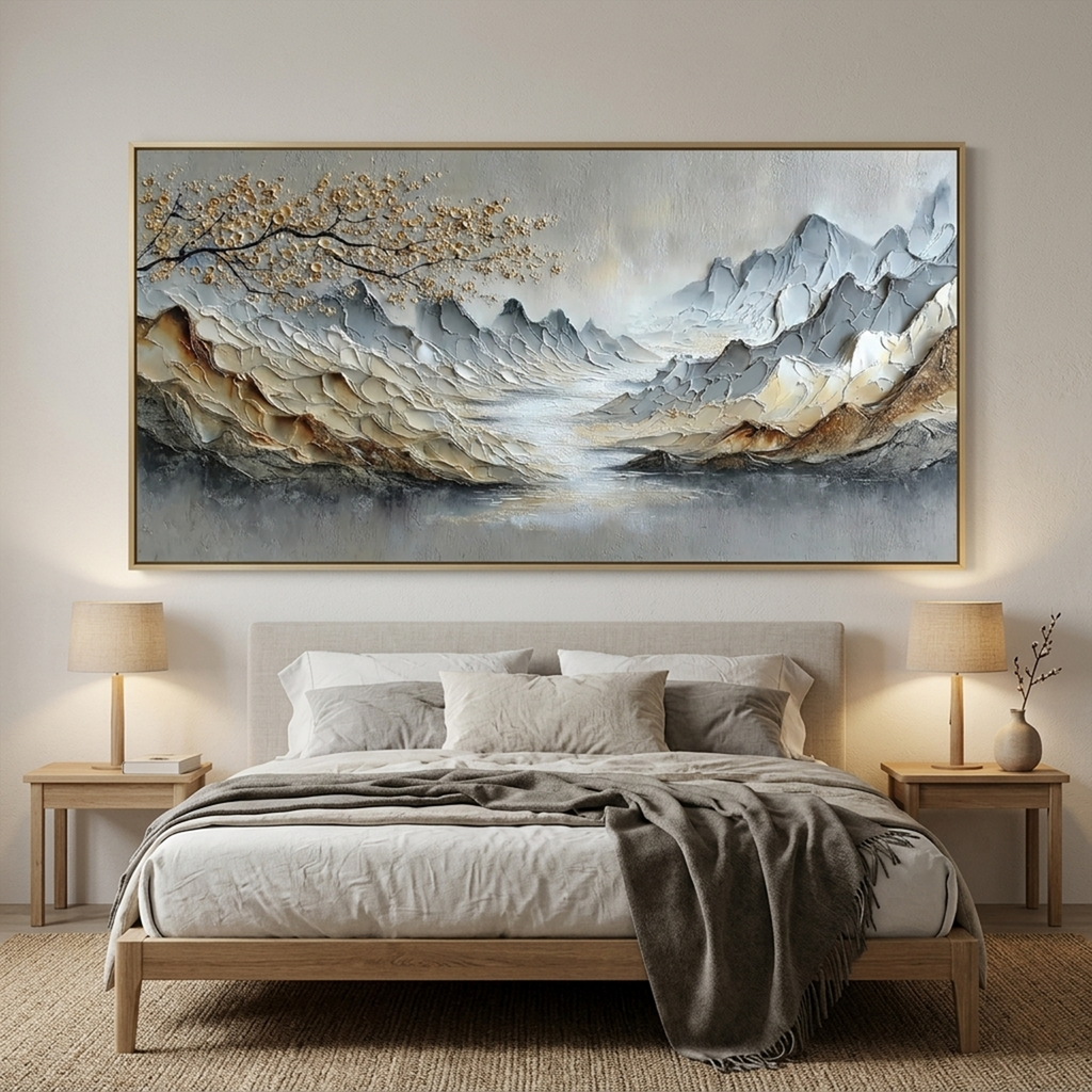 GOLDEN SERENITY: Impasto Sculpted Mountain Misty River And Gold Blossom Canvas
