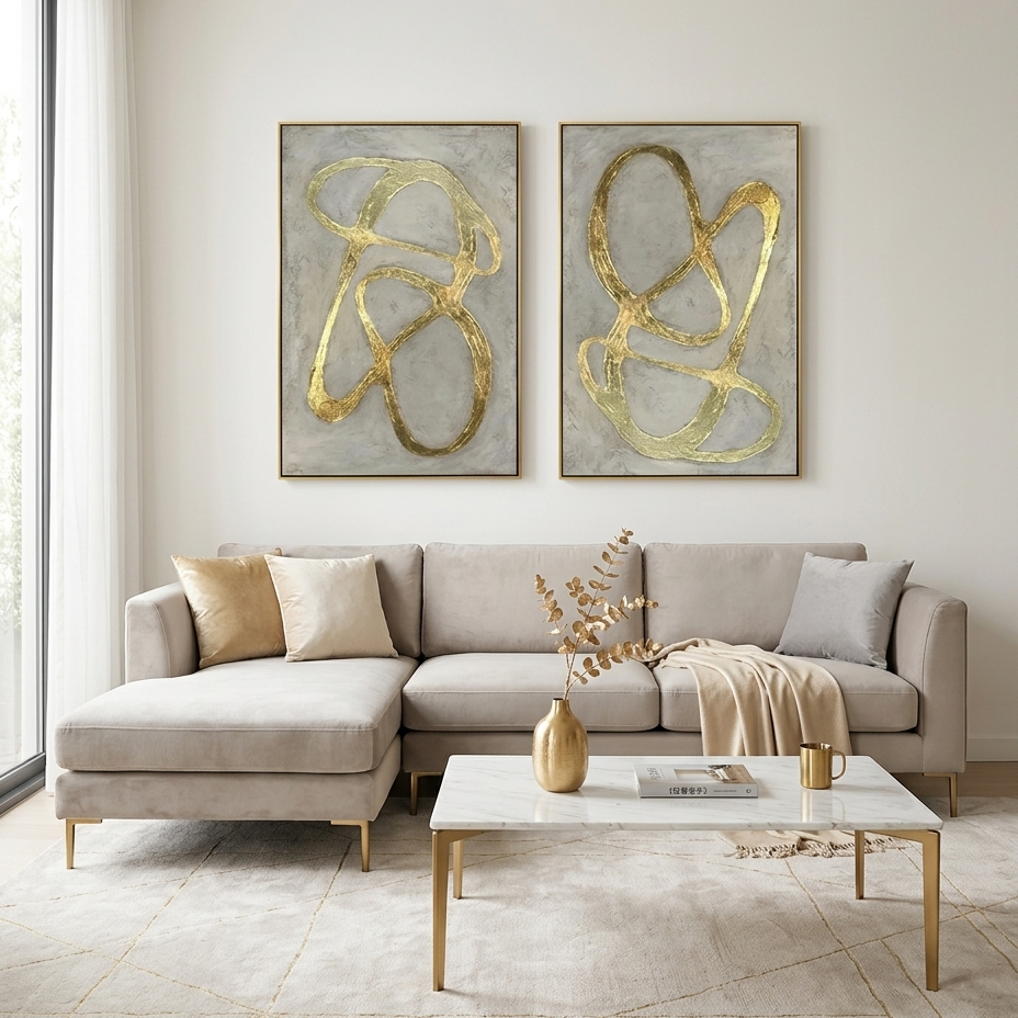 GOLDEN ABSTRACT DIPTYCH: Gold Lines Textured Neutral Luxury Canvas Set Of 2