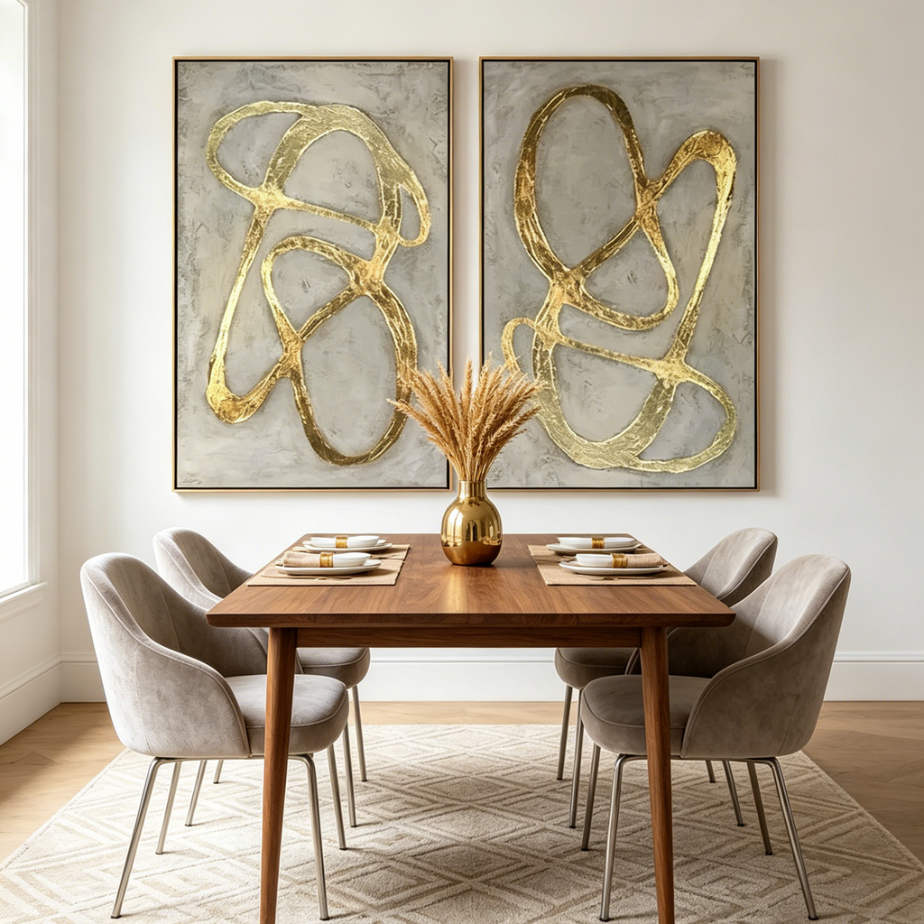 GOLDEN ABSTRACT DIPTYCH: Gold Lines Textured Neutral Luxury Canvas Set Of 2