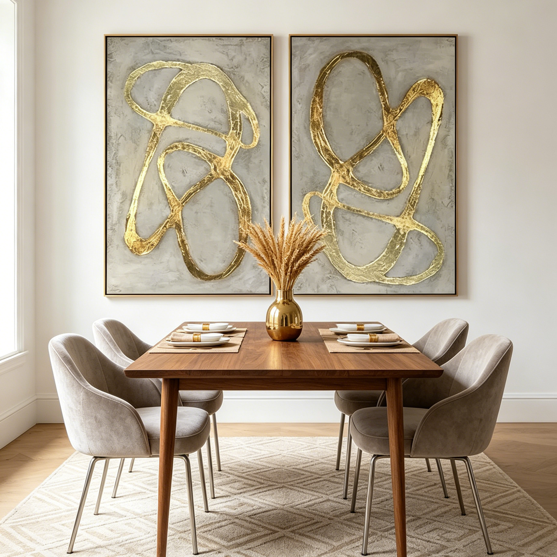 GOLDEN ABSTRACT DIPTYCH: Gold Lines Textured Neutral Luxury Canvas Set Of 2